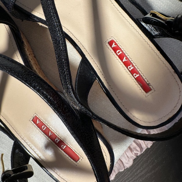 PRADA BLACK LEATHER ESPADRILLE SANDALS WEDGES SIZE 38 - Picture 6 of 7